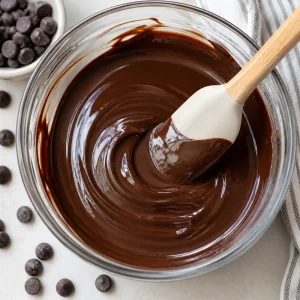 Smooth melted dark chocolate in a glass bowl