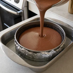 Chocolate cheesecake filling poured into a springform pan in a water bath