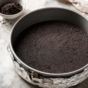 Chocolate cookie crumb crust pressed into the bottom of a springform pan