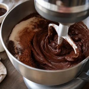 Cocoa and sugar blending into cream cheese in a stand mixer