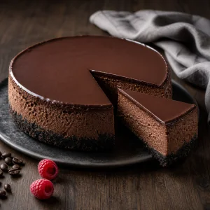 Dark chocolate espresso cheesecake with a glossy ganache top and one slice removed