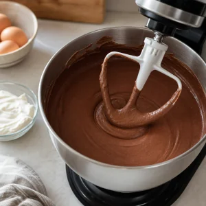 Smooth chocolate cheesecake batter on a stand mixer paddle