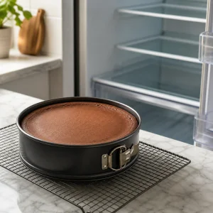 Untopped chocolate cheesecake cooling on a wire rack