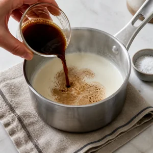 Espresso disuelto vertido en crema caliente humeante con sal marina al lado.