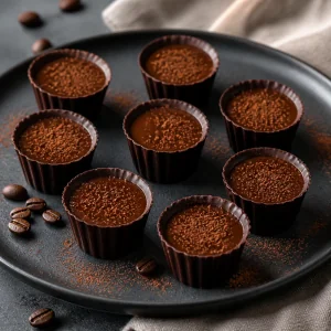 Gotowe mini filiżanki z ciemnej czekolady wypełnione ganaszem espresso i oprószone kakao.