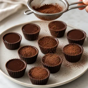 Mini copitas de chocolate con ganache terminadas, espolvoreadas con cacao desde un colador fino.
