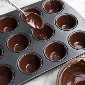 Chocolate oscuro derretido vertido en moldes de mini muffins para cubrir el fondo y los lados.