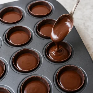 Cáscaras de chocolate oscuro firmes rellenadas hasta tres cuartos con ganache de espresso brillante.