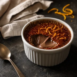 Czekoladowo-pomarańczowe crème brûlée z pękniętą karmelową skorupką