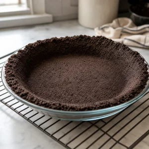 Baked chocolate cookie crust cooling on a wire rack