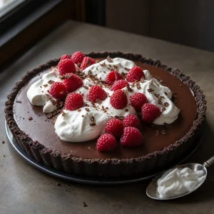 Chilled chocolate pie topped with whipped cream and raspberries