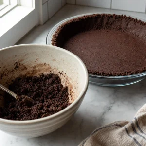 Chocolate cookie crumbs mixed and pressed into a pie plate