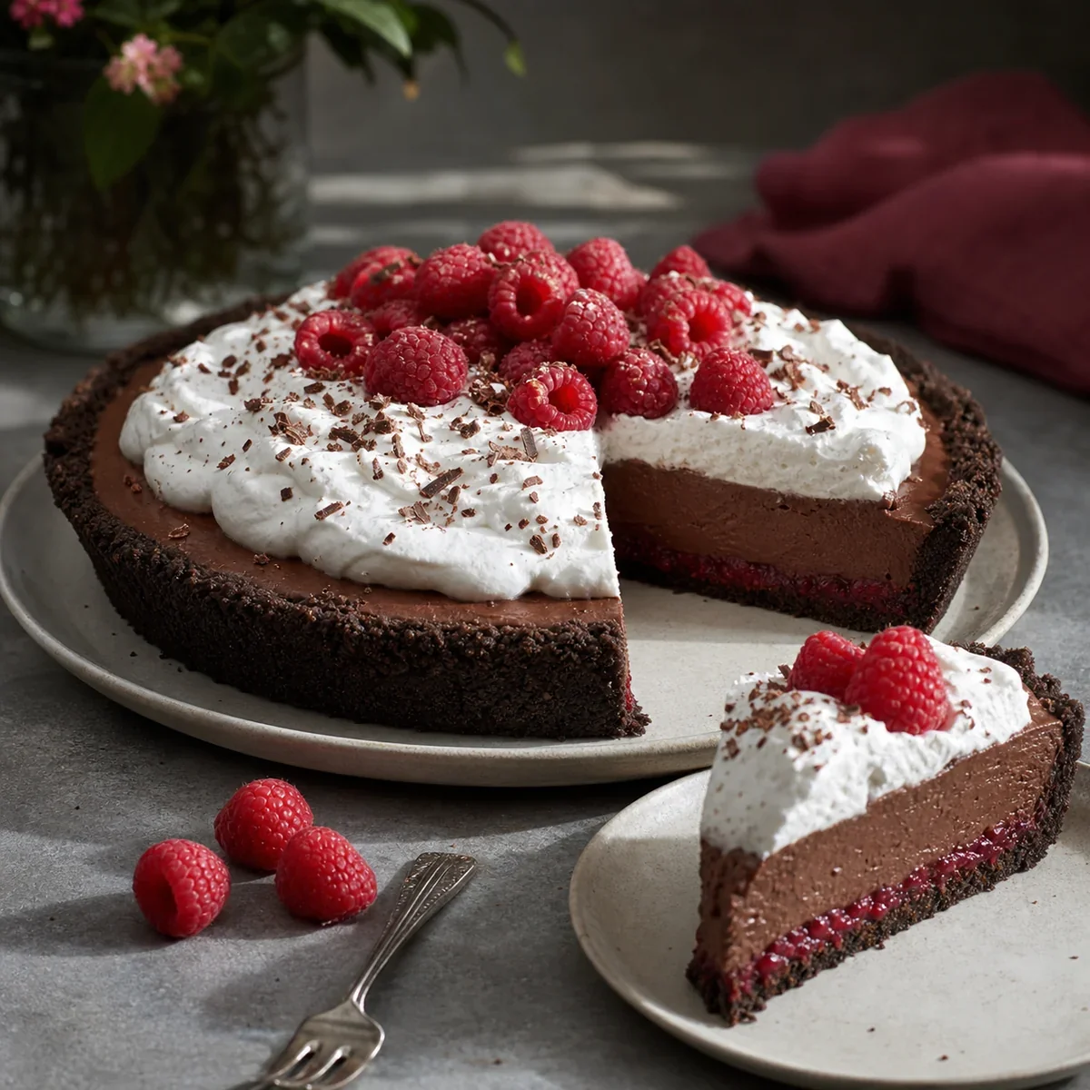 Dark chocolate raspberry cream pie with whipped cream and fresh berries