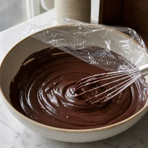 Glossy dark chocolate custard in a bowl