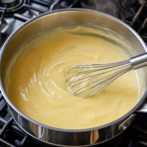 Pale custard thickening in a saucepan