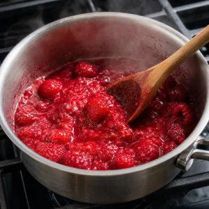 Raspberries simmering into a thick fruit mixture
