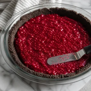 Raspberry filling spread over the cooled chocolate crust