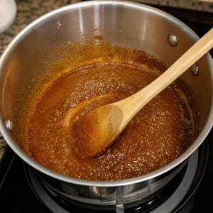 Manteiga e acucar mascavo cozinhando em uma calda de caramelo brilhante