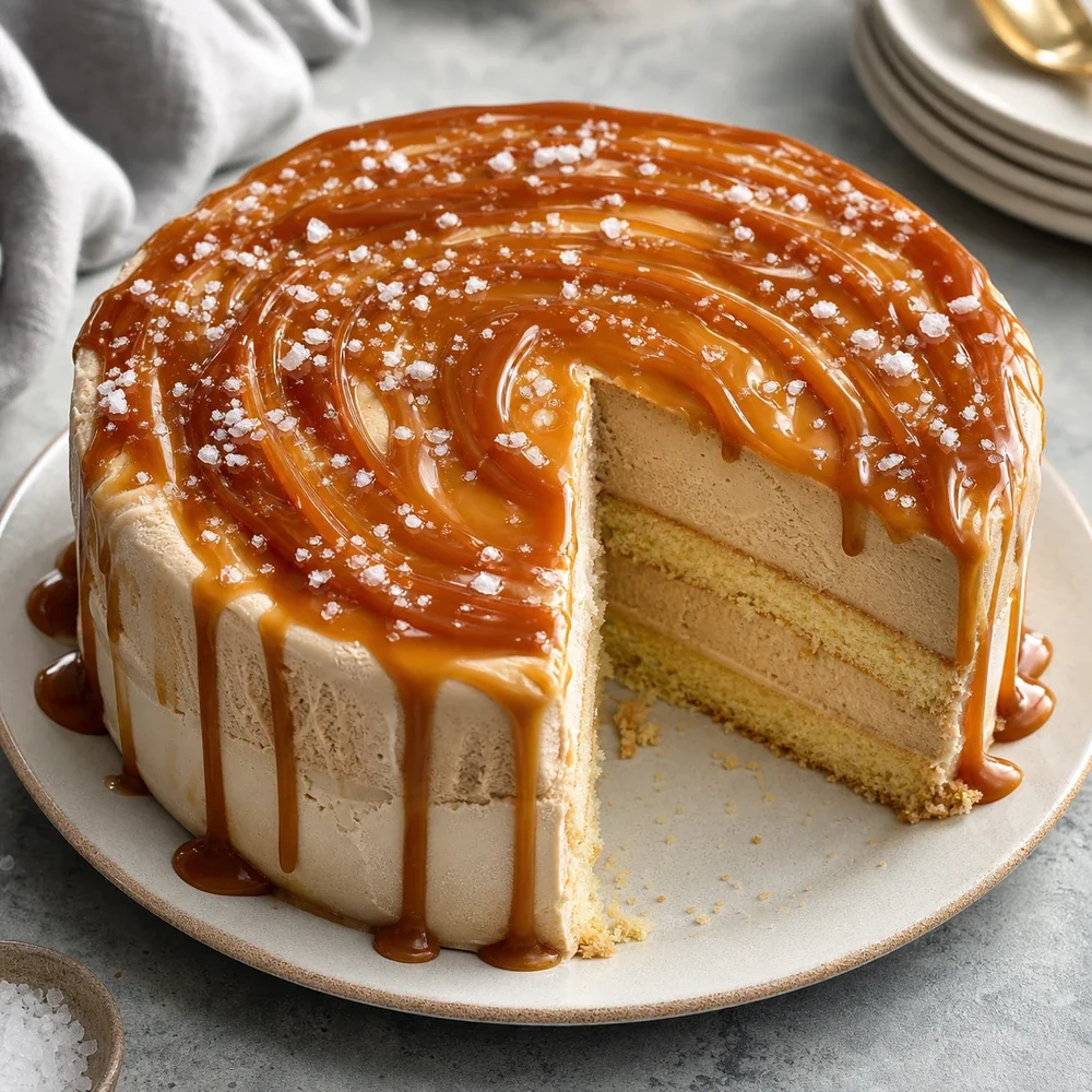 Bolo de sorvete de caramelo finalizado com calda de caramelo salgado e uma fatia limpa mostrando as camadas de bolo e sorvete