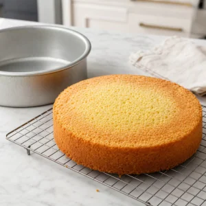 Bolo de baunilha dourado esfriando em uma grade ao lado da forma