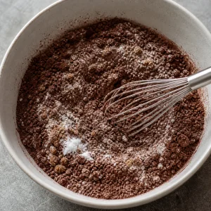 Cacao, harina, azucares, leudantes y sal batidos en un bol