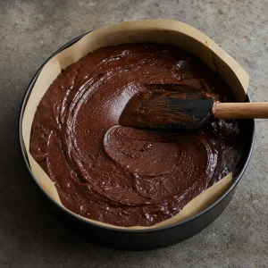 Masa oscura de chocolate alisada en un molde con papel