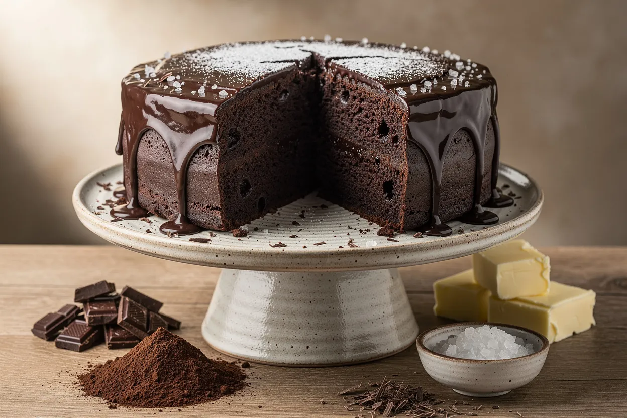 Decadent Chocolate Fudge Cake with Dark Ganache and Sea Salt