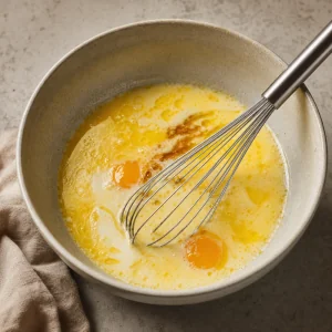 Huevos, leche, mantequilla derretida, aceite y vainilla batidos