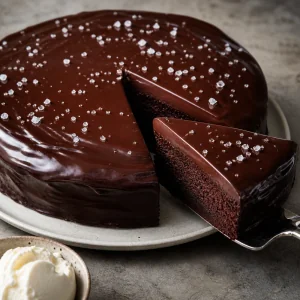 Pastel de chocolate cubierto de ganache con sal marina en escamas