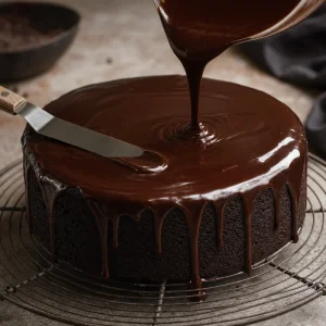 Ganache oscuro brillante vertido sobre un pastel de chocolate frio
