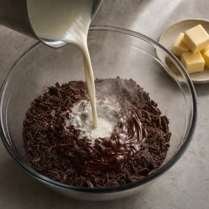 Crema caliente vertida sobre chocolate negro picado para ganache