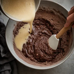 Ingredientes humedos vertidos en la mezcla de cacao y removidos