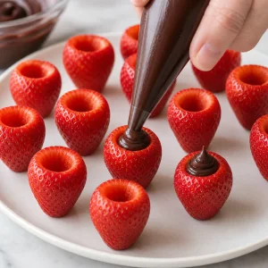 Chocolate ganache piped into hollow strawberries with small mounds on top