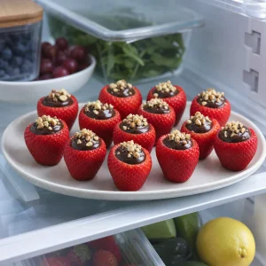 Chocolate stuffed strawberries chilling in the refrigerator until the ganache sets