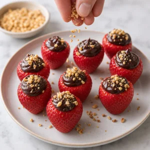 Crushed toasted hazelnuts sprinkled over wet chocolate-filled strawberries