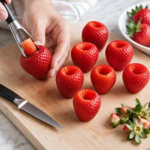 Strawberries hulled and cored to create pockets for chocolate filling