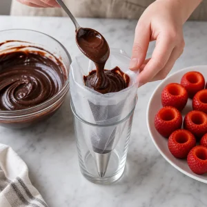 Thick chocolate ganache transferred into a piping bag with a round tip
