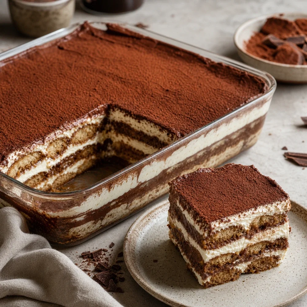 Finished chocolate tiramisu dessert lasagna with cocoa-dusted layers of ladyfingers, mascarpone cream, and chocolate mousse