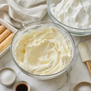 Mascarpone cream mixture and whipped cream ready to fold together