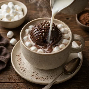 Heisse Milch schmilzt eine Schokoladenbombe in einer Tasse