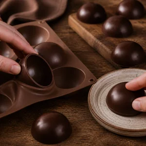 Chocolate hemispheres removed from the mold with smoothed rims