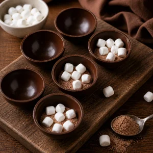 Chocolate shells filled with cocoa mix and mini marshmallows