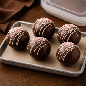 Decorated hot chocolate bombs chilling on a parchment-lined tray