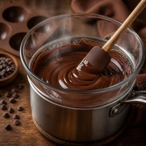 Glossy melted chocolate stirred over a double boiler