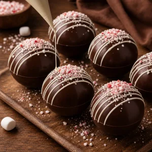 Hot chocolate bombs decorated with white drizzle and crushed candy