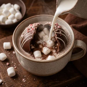 Hot milk poured over a chocolate bomb as marshmallows emerge