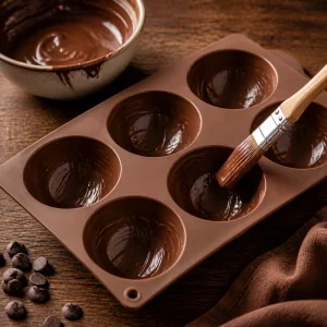 Melted chocolate brushed into silicone mold cavities