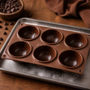 Reinforced chocolate shells setting in a silicone mold
