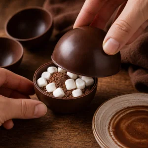 Two filled chocolate hemispheres sealed into a sphere