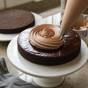 Первый корж покрыт ганашем и мокко-кремом во время сборки.